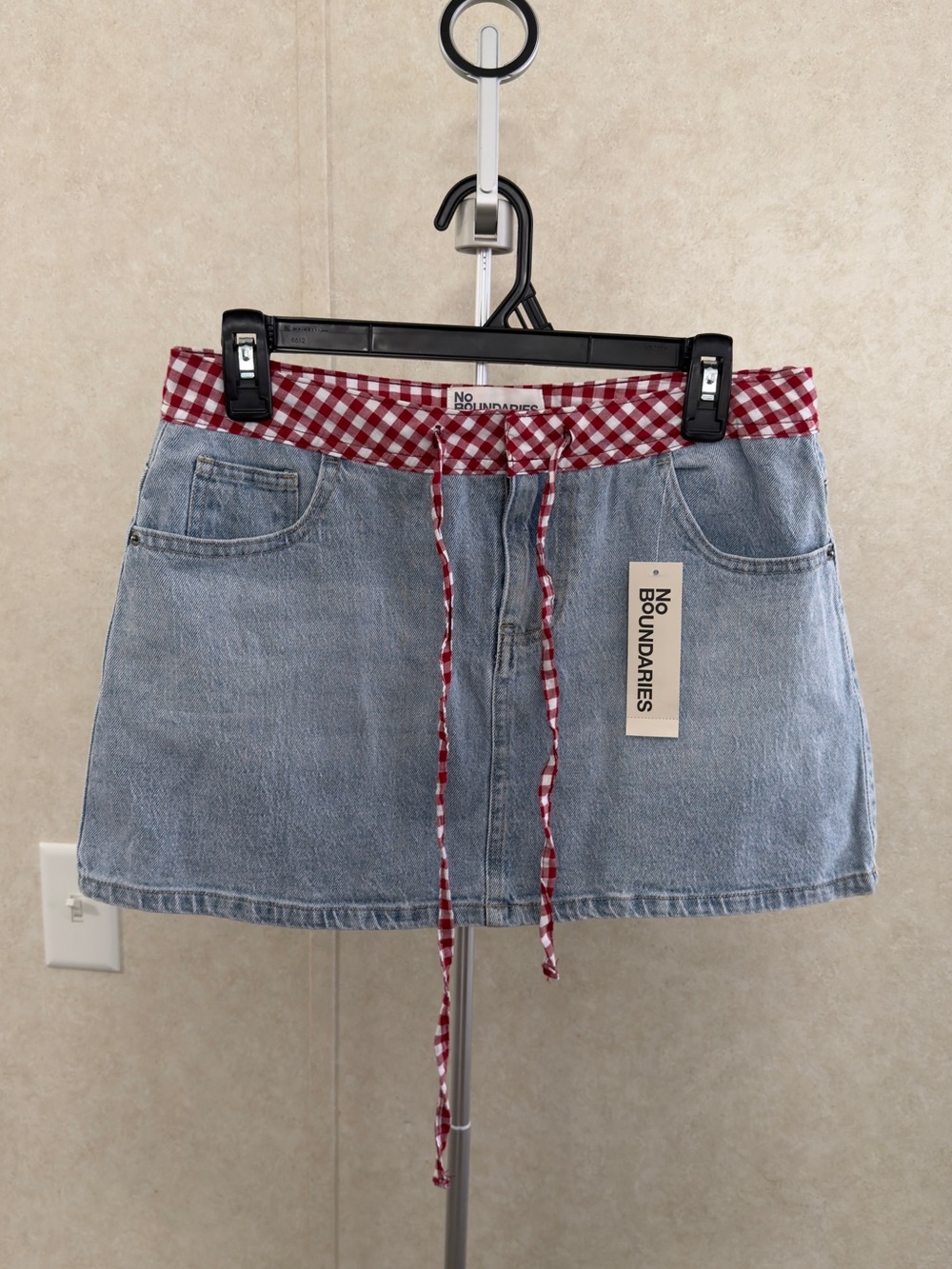 No Boundaries Light Blue Denim Mini Skirt with Red Gingham Waist
